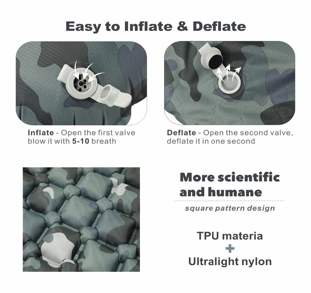 Fast Fill Air Camping Mat w/ Inflatable Pillow Cushion