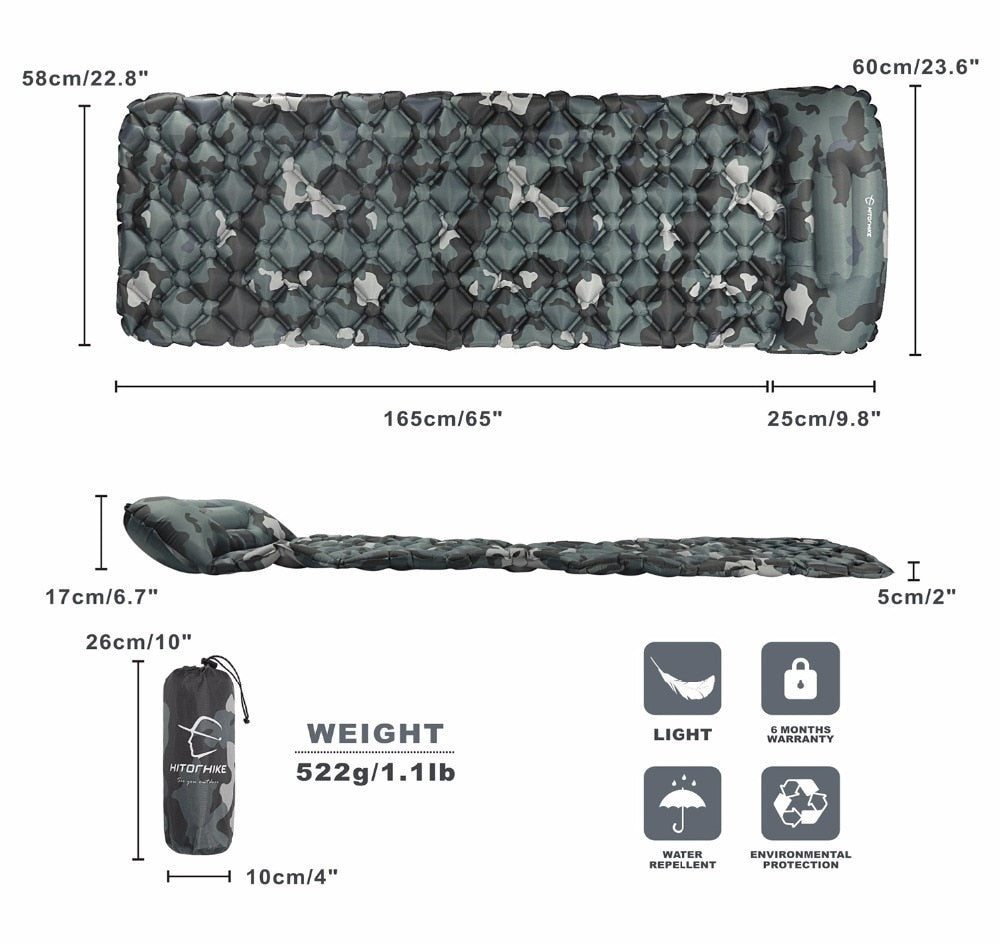 Fast Fill Air Camping Mat w/ Inflatable Pillow Cushion